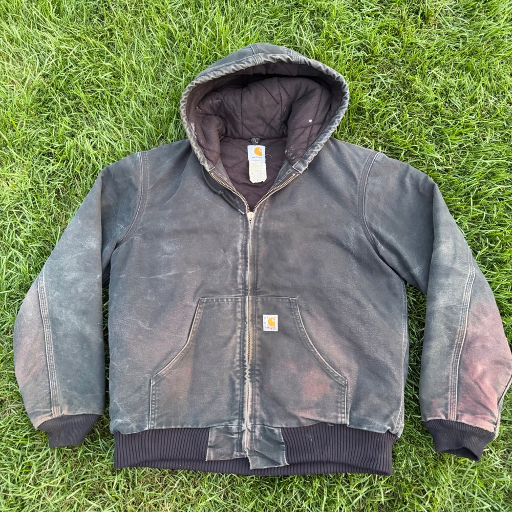 Carhartt J140 BLK Active Jacket Mens Medium Distressed Black Hooded Work Coat